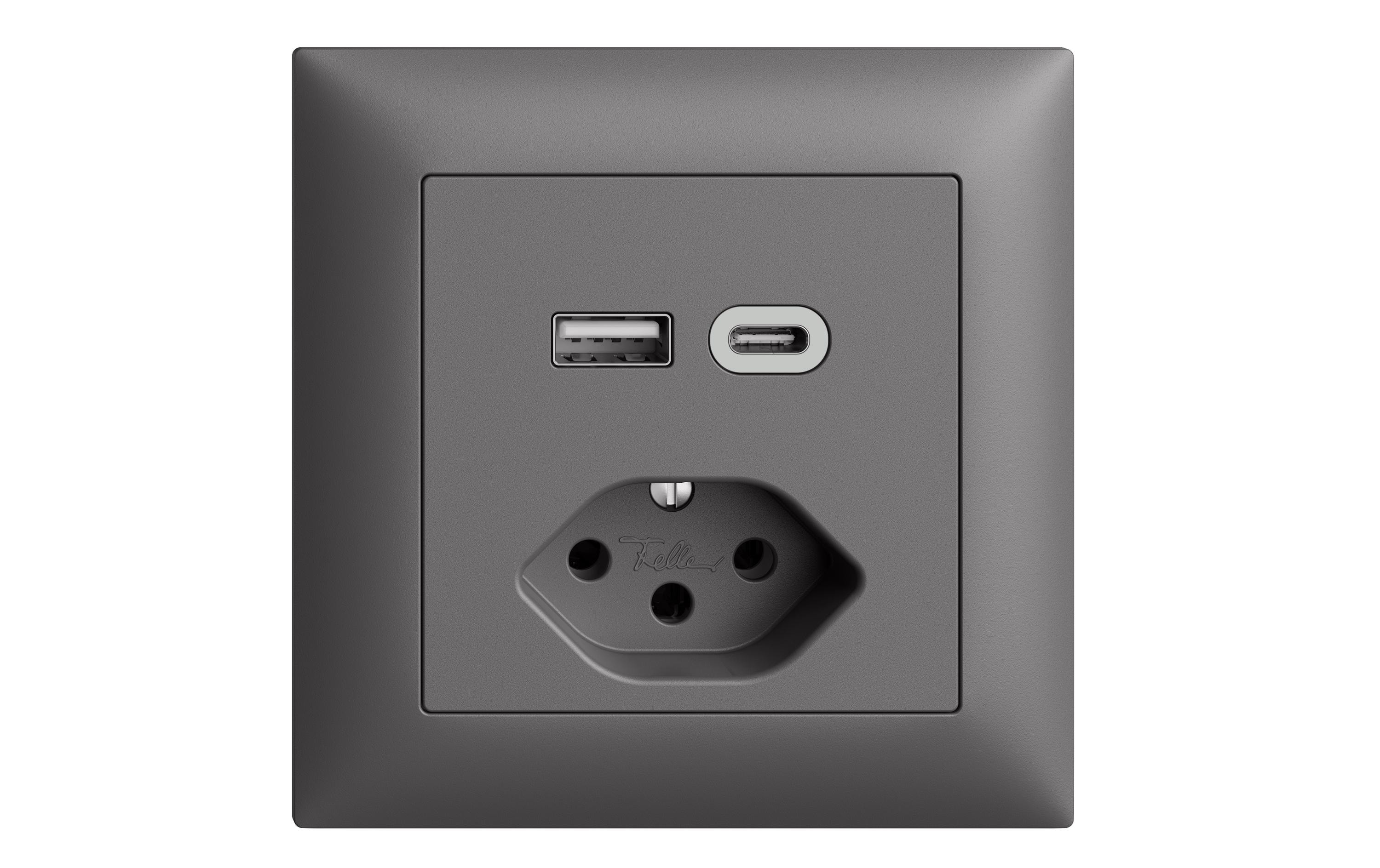 Steckdose 1x USB A, 1x USB C 3 A,15 W, Dunkelgrau<br>EDIZIOdue colore USB A+C/T13 Kombination 3.0A
