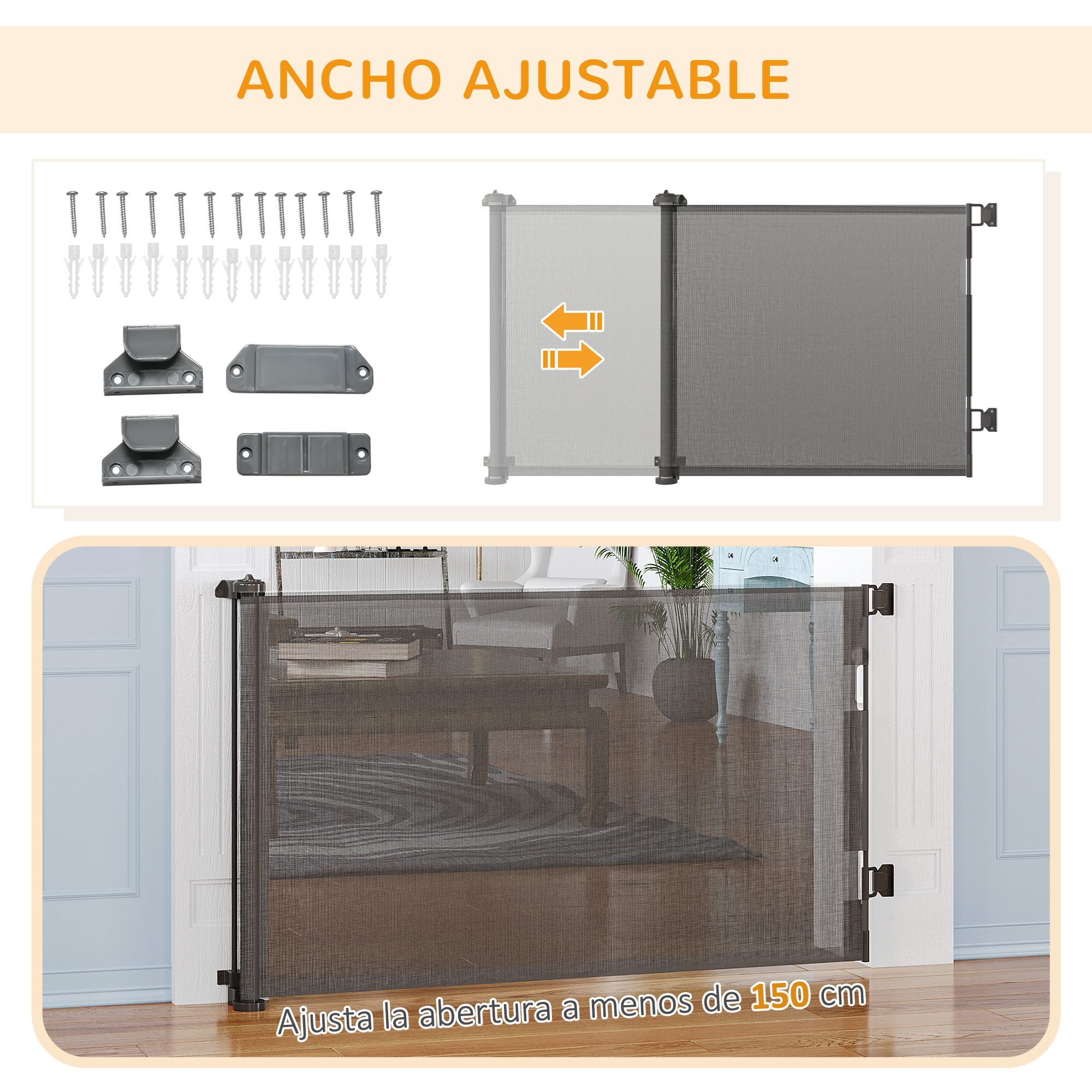 Portão retrátil extensível PawHut de 0 a 150 cm para cães e gatos, barreira para escadas e corredores, liga de alumínio, 165 x 10,7 x 85 cm, cinza.