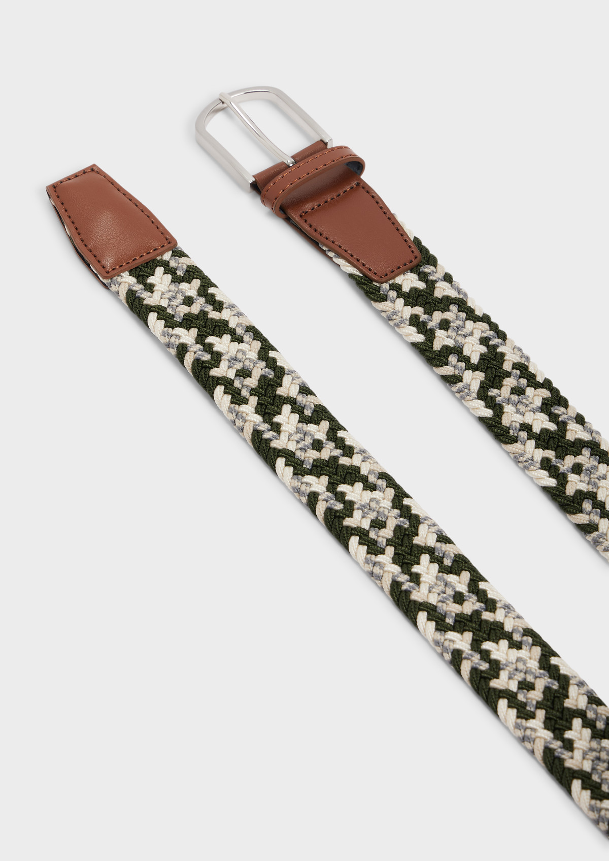 Ceinture tressée kaki, blanc et gris