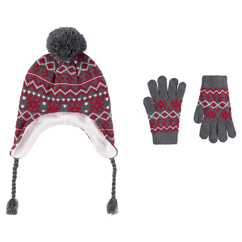 Ensemble bonnet péruvien doublé polaire et gants motifs jacquard