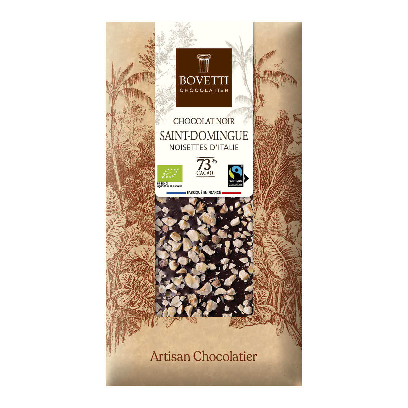 Tablette chocolat noir 73 % Bio et noisettes d'Italie