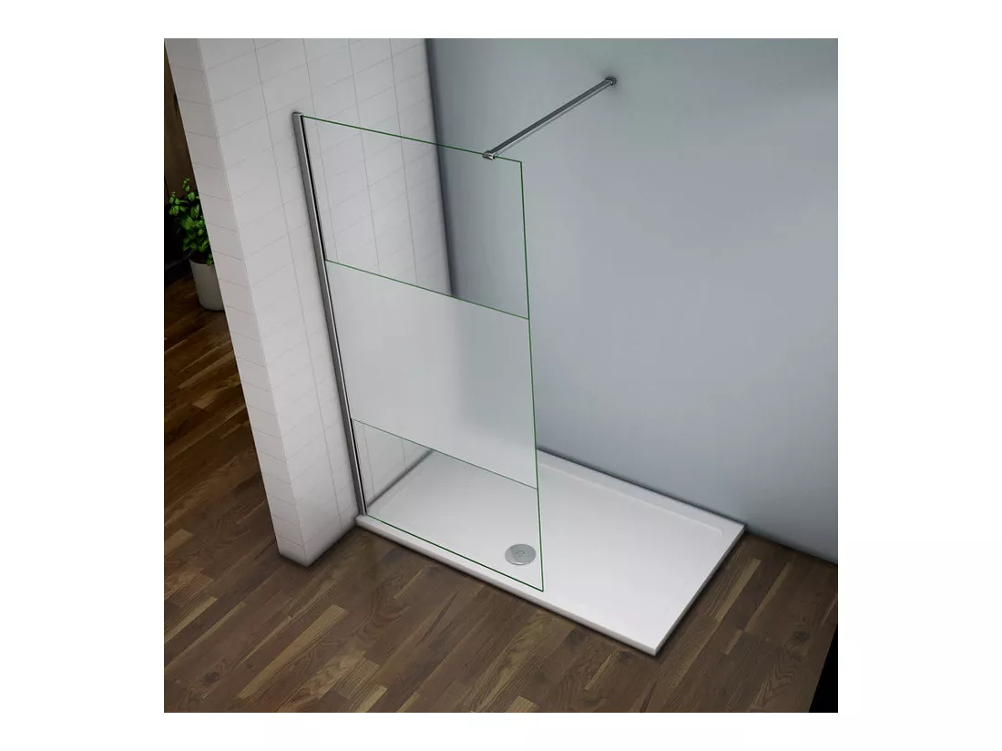 Paroi de douche à l'italienne 120x200cm avec barre de fixation 90cm recoupable, en 8mm verre bande centrale dépolie