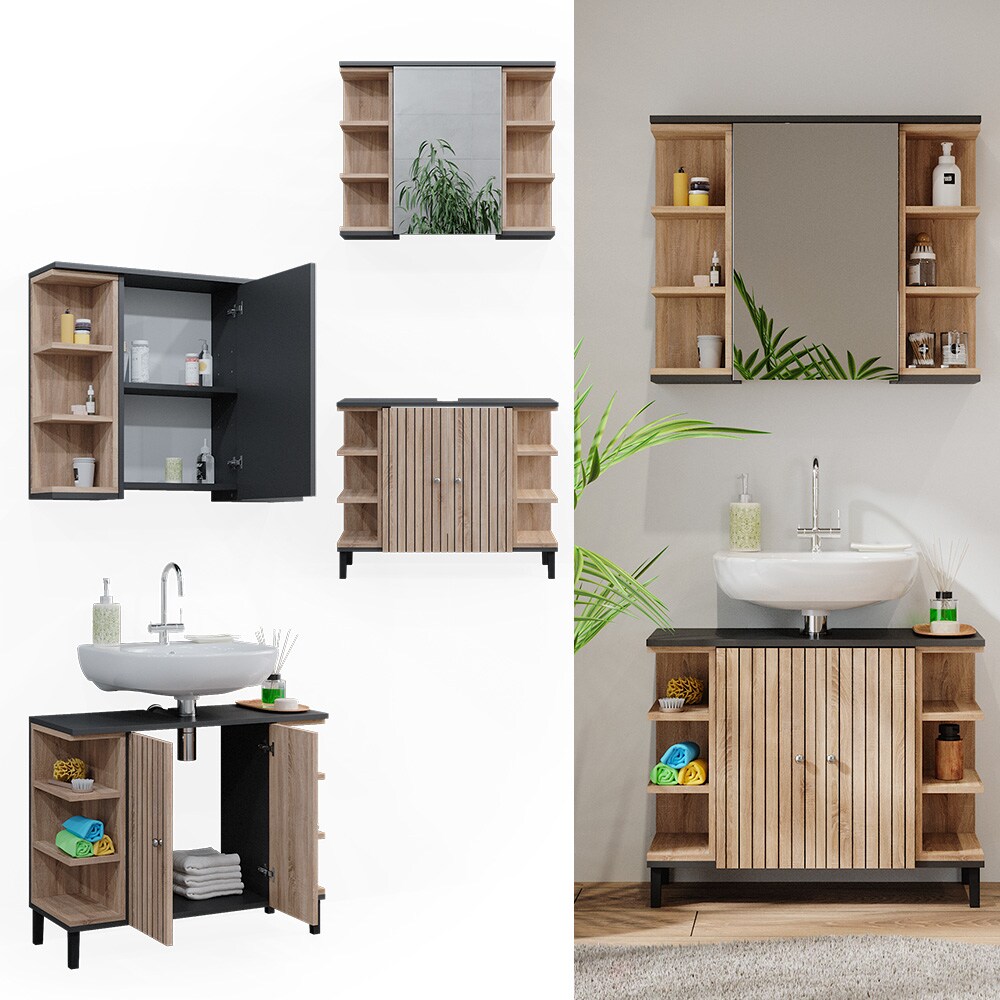 Vicco Badmöbel-Set Aquis, Sonoma Anthrazit, Badezimmer, moderne Badserie, Waschtischunterschrank, Spiegelschrank