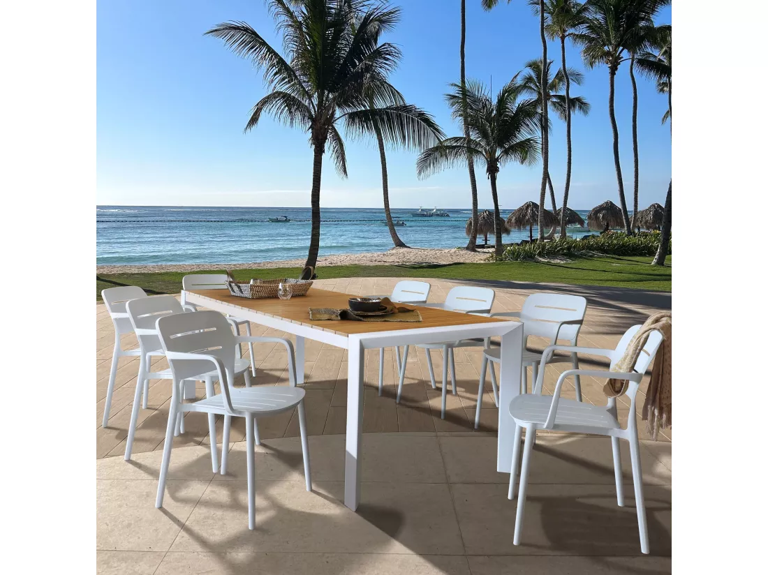 Now's Home - Ensemble De Jardin Table Polywood Blanc Et Fauteuil 8 Places