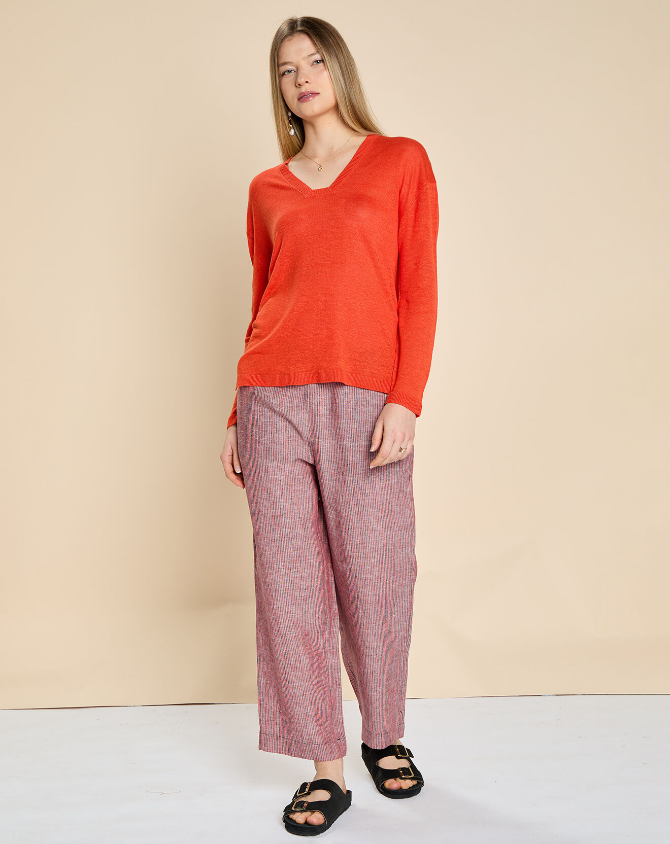 Harris Wilson Pantalon 100% Lin Emmos rayé marine/géranium