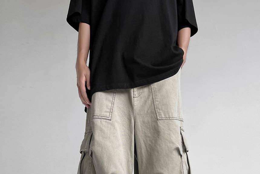 Lorencho - Mid Rise Plain Capri Wide Leg Cargo Pants