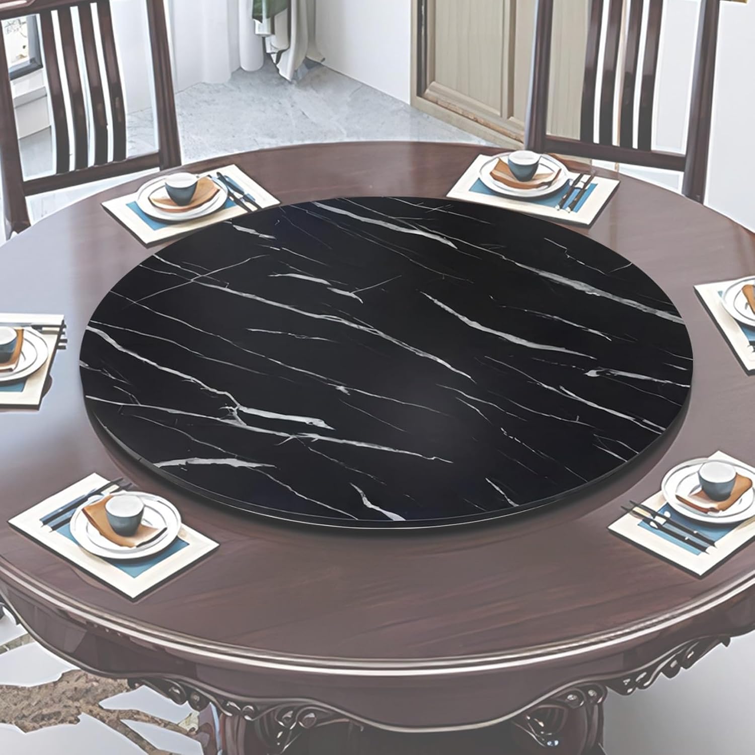 ESOYAWE Esstische Rundes Drehbares Tablet, 50 60 70 80 90 100 cm Tischplatte Drehtablett, Mit Silent Base Zum Einfachen Teilen Aller Speisen Holz Rotating Tablett, Für Küche Essen Parteien Hochzeit