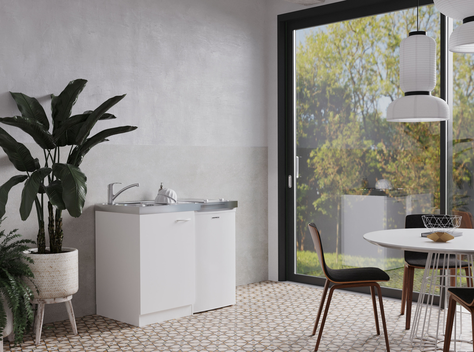 RESPEKTA Miniküche - weiß - mit Kühlschrank und Glaskeramikkochfeld - 100 cm