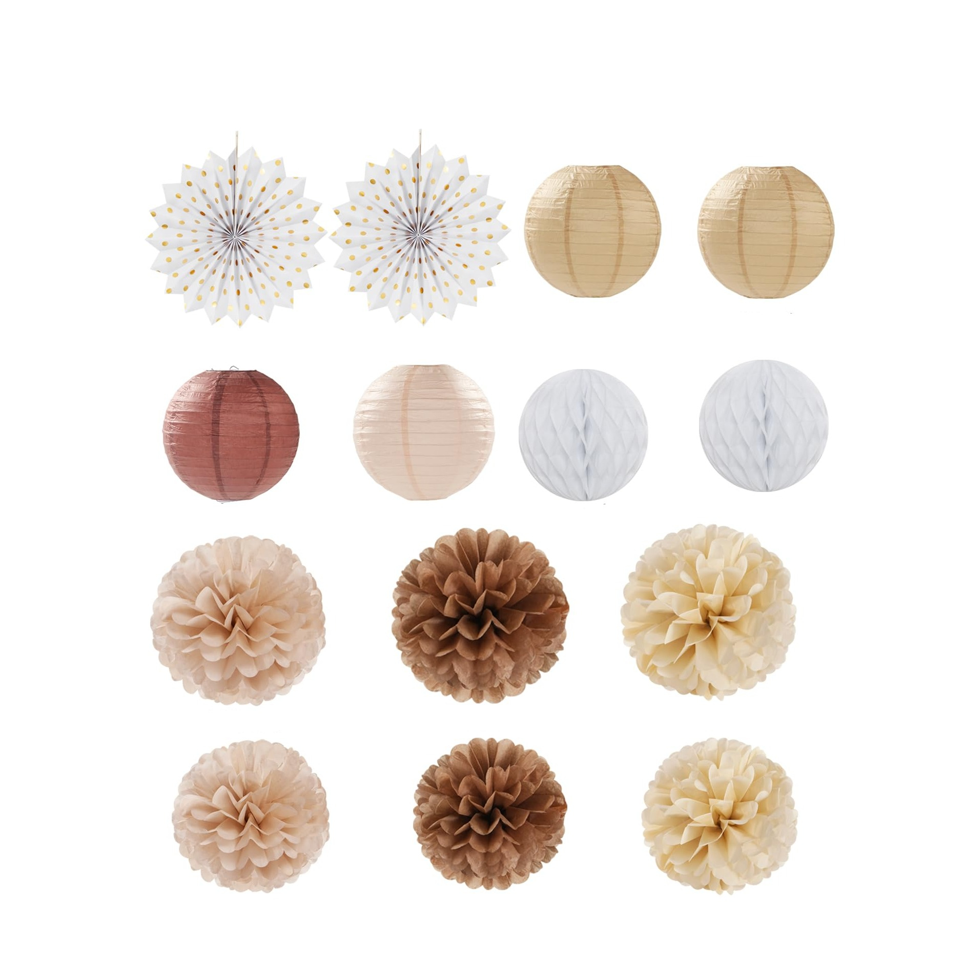 (14-tlg. Set) Papier Lampion Pompon's Deko Fächer Rosetten Party / Geburtstag / Hochzeit - Beige / Gold / Braun