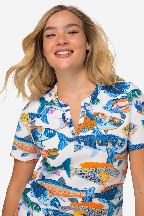 T-Shirt, Fische-Print, Tunika-Ausschnitt, Halbarm, OEKO-TEX