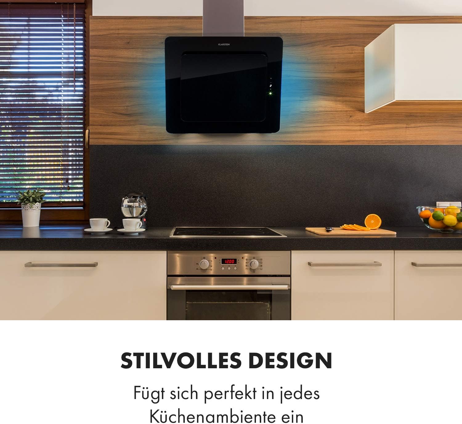 Klarstein Helena Dunstabzugshaube kopffrei, Kopffreihaube Wandhaube mit 595 m³/h, RGB Ambiente-Licht, Umluft & Abluft, LED-Beleuchtung, Touch-Control, 60 cm, schwarz