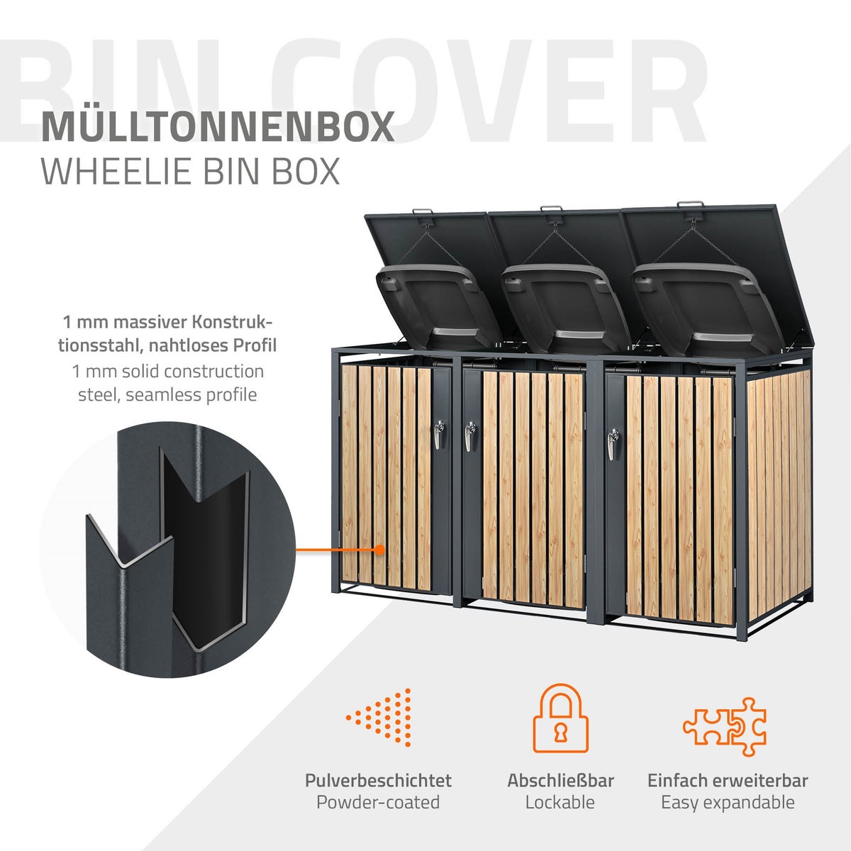 ML-Design 3-bak afvalcontainerbehuizing voor 3 bakken, 240L per stuk, 200x80x116,3cm, antraciet-larikslook, weerbestendig/afsluitbaar staal, bakdeksel met scharnierend deksel/3 deuren, afvalbakbox, afvalcontainer, afvalbakdeksel