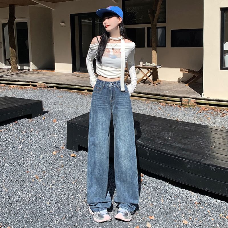 Denimot - High Waist Washed Wide Leg Jeans (diverse designs)
