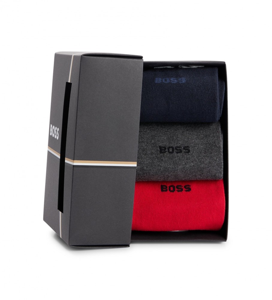 Conjunto de meias BOSS com 3 pares nas cores cinza, vermelho e azul marinho.