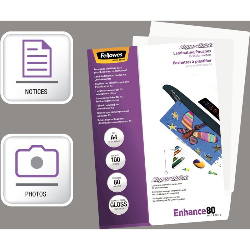 Pochettes de plastification Fellowes SuperQuick A4 2 x 80 µ brillantes - Boite de 100