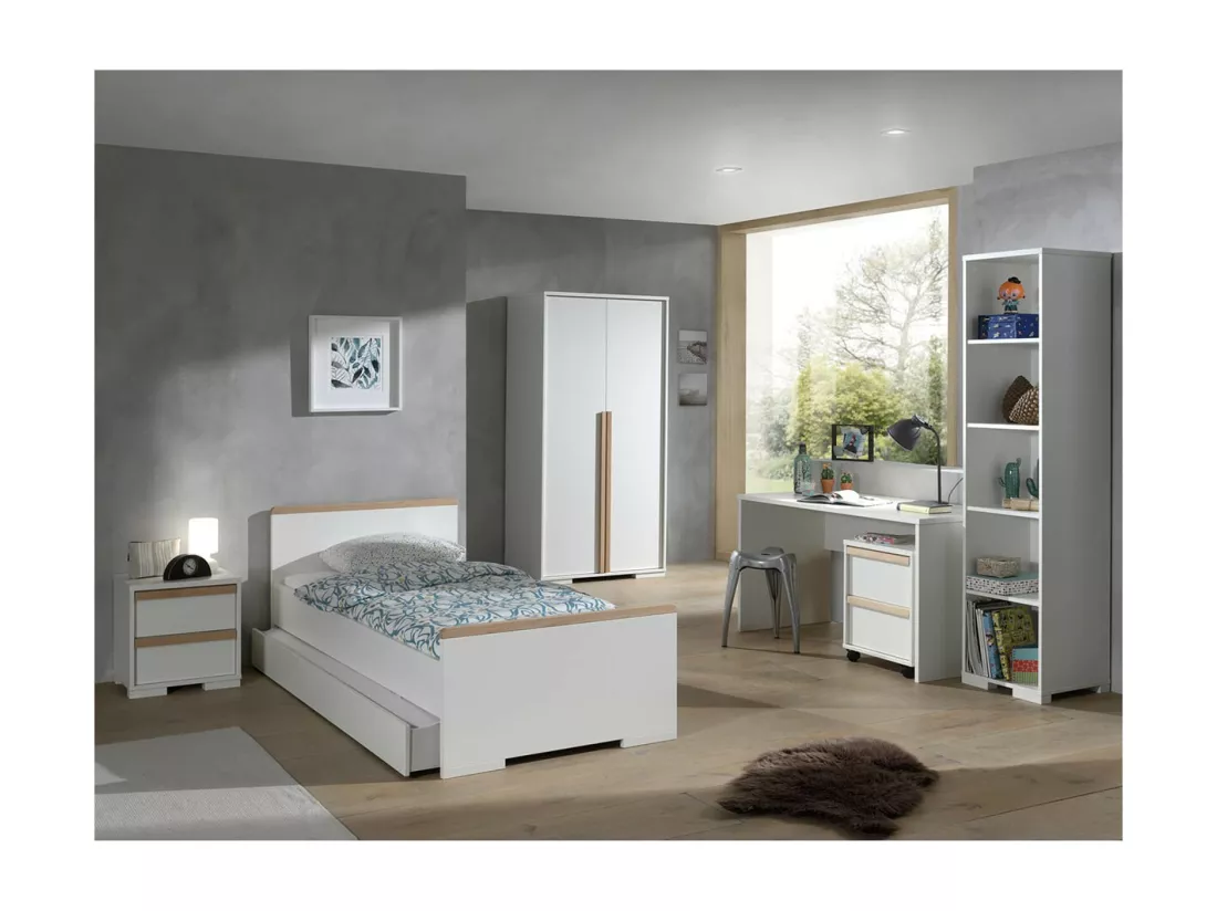 NASH WHITE - Chambre 90x200cm + Armoire 2P + Pack Bureau