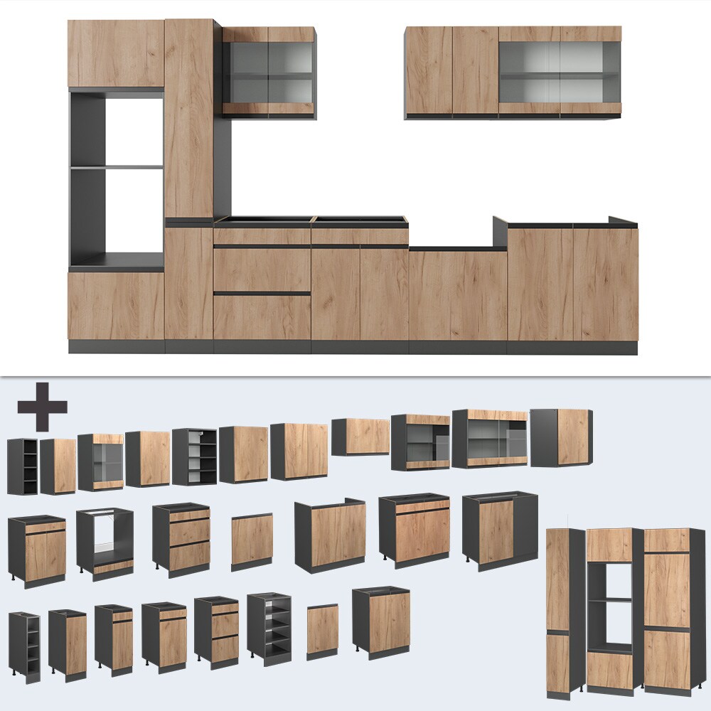 Vicco Küchenzeile Küchenblock Einbauküche R-Line J-Shape Anthrazit Eiche 350 cm modern Küchenschränke Küchenmöbel