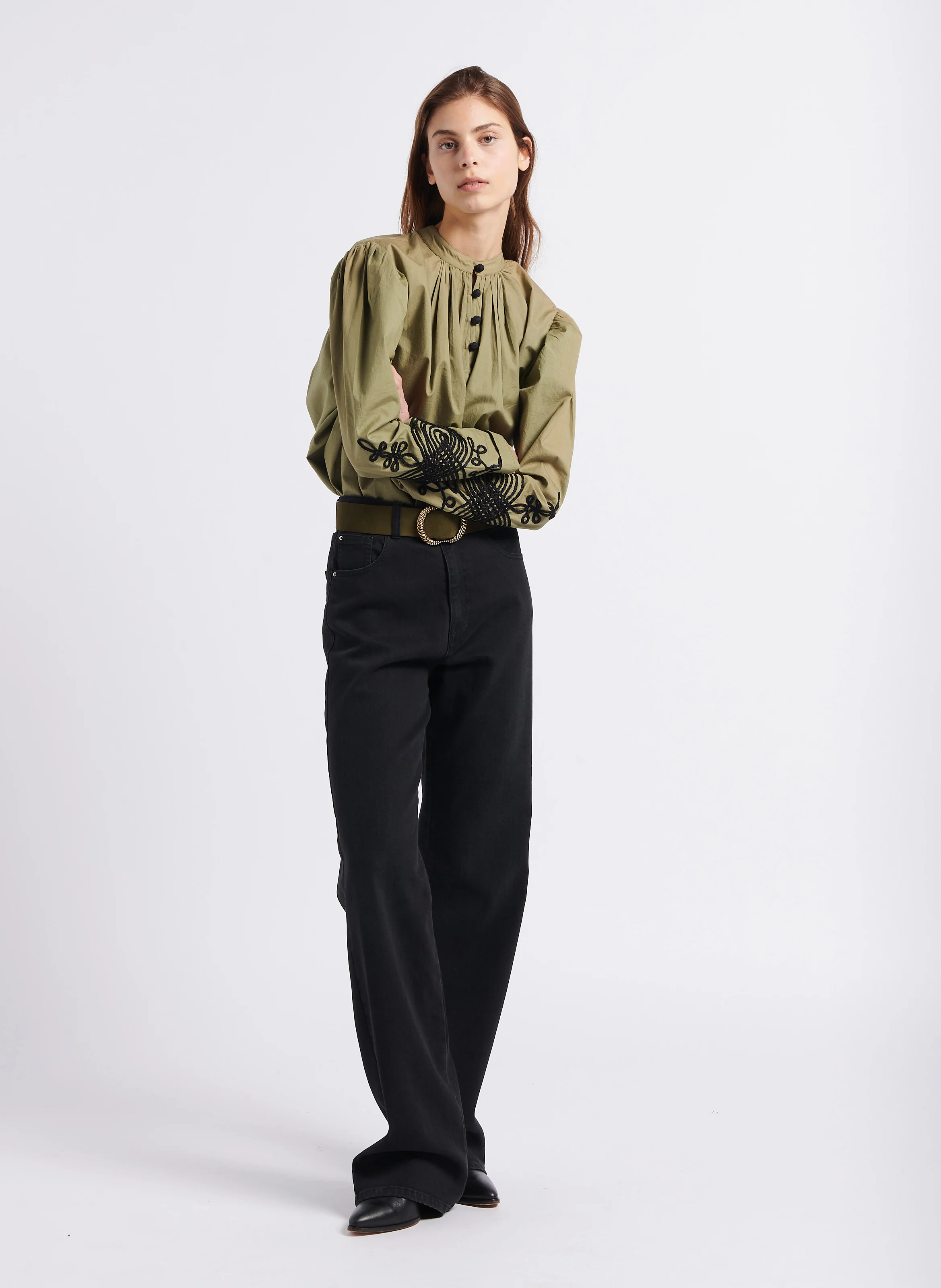 EGO - Blouse ample col rond brodée en coton| Kaki