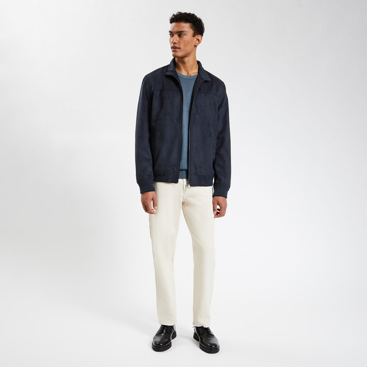 Blouson col montant aspect velours Bleu foncé