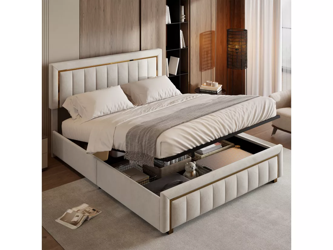 lit double rembourré 160 x 200,lit coffre avec sommier,lit adulte 160 x 200 avec levier hydraulique,velours,beige