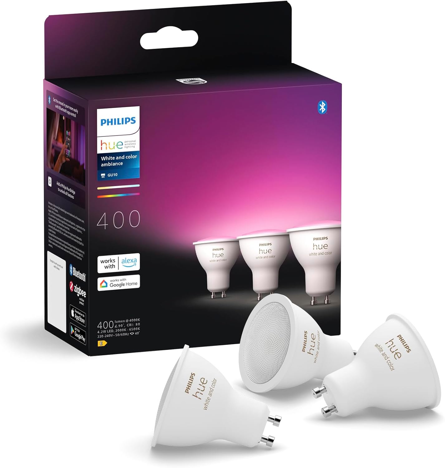 Philips Hue White & Color Ambiance GU10 LED Spot 3er Pack (400 lm), dimmbare LED Lampen für das Hue Lichtsystem mit 16 Mio. Farben, smarte Lichtsteuerung über Sprache und App