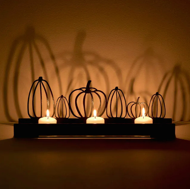 (30x11cm) Metall Deko Teelicht Halter Kürbis Home Accessoire Kerzen Ständer für Herbst / Thanksgiving / Halloween - Schwarz