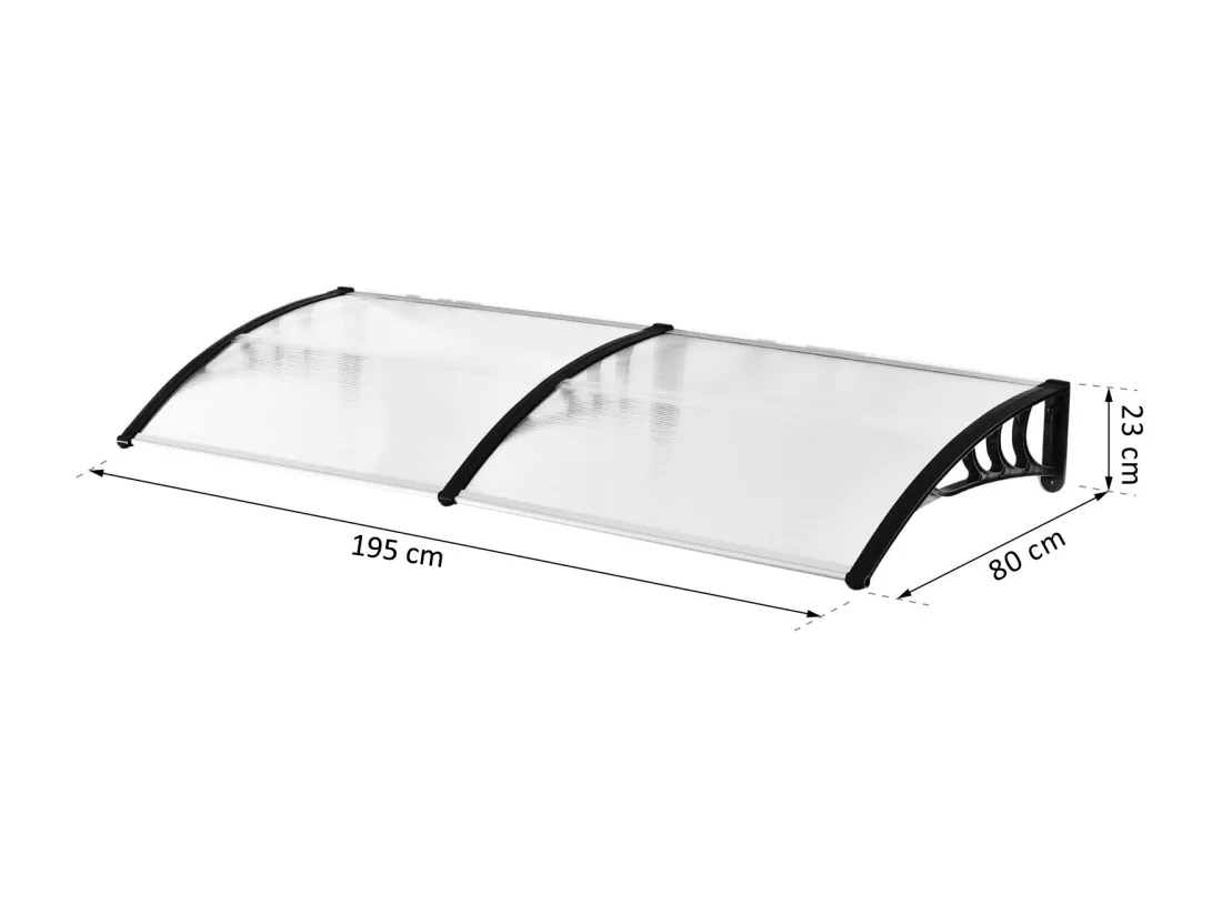 Auvent marquise de porte design voûté arrondi dim. 195L x 80l x 23H cm polycarbonate plastique noir