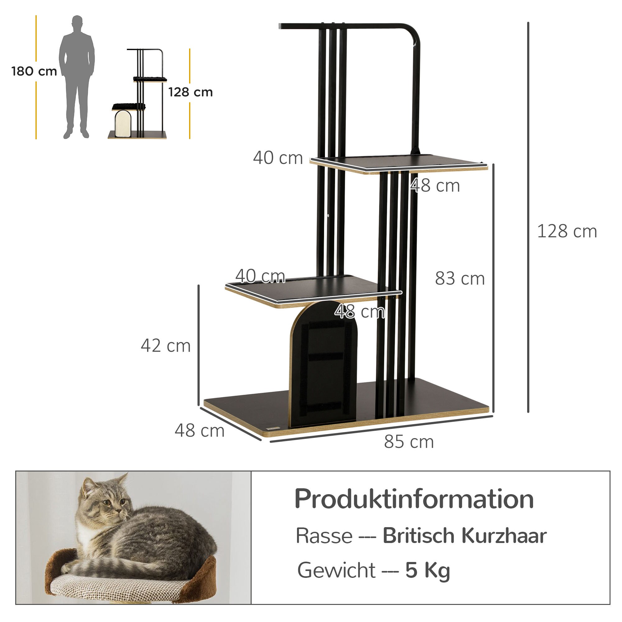 PawHut Kratzbaum mit Kissen und mehrere Ebenen schwarz 85L x 48B x 128H cm