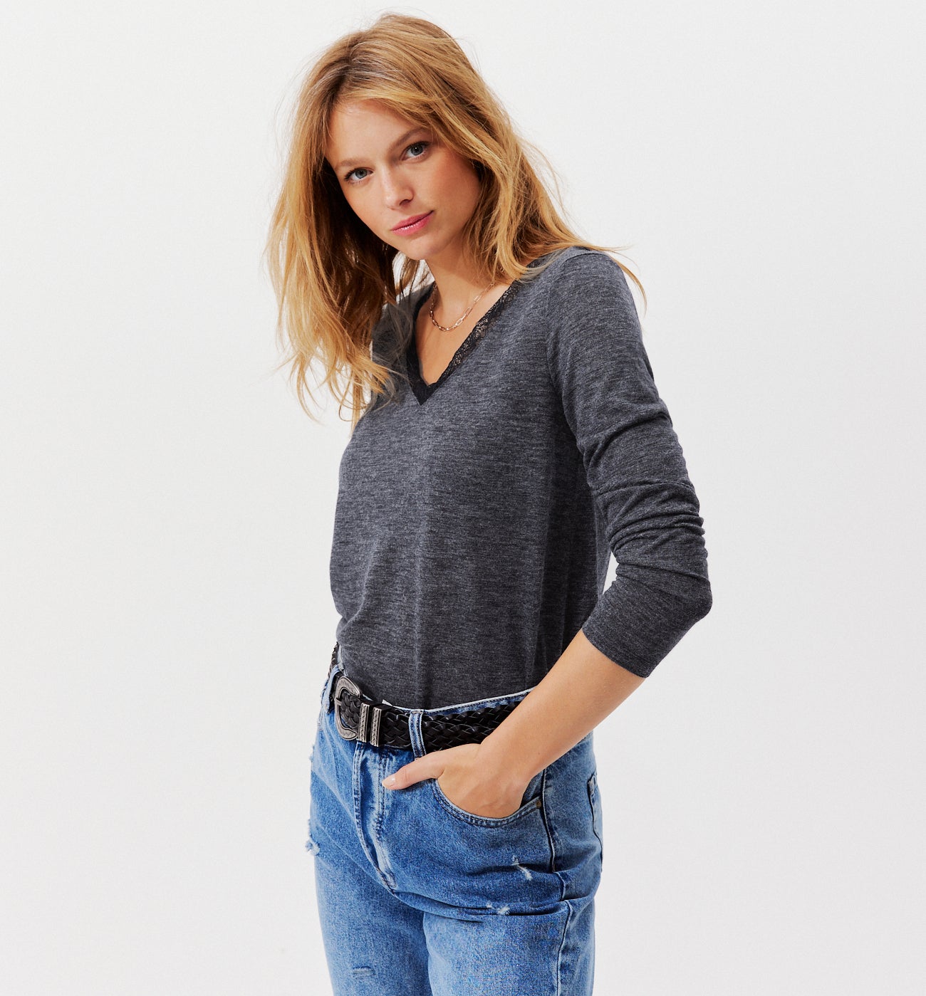 T-shirt détail dentelle Femme - Marine