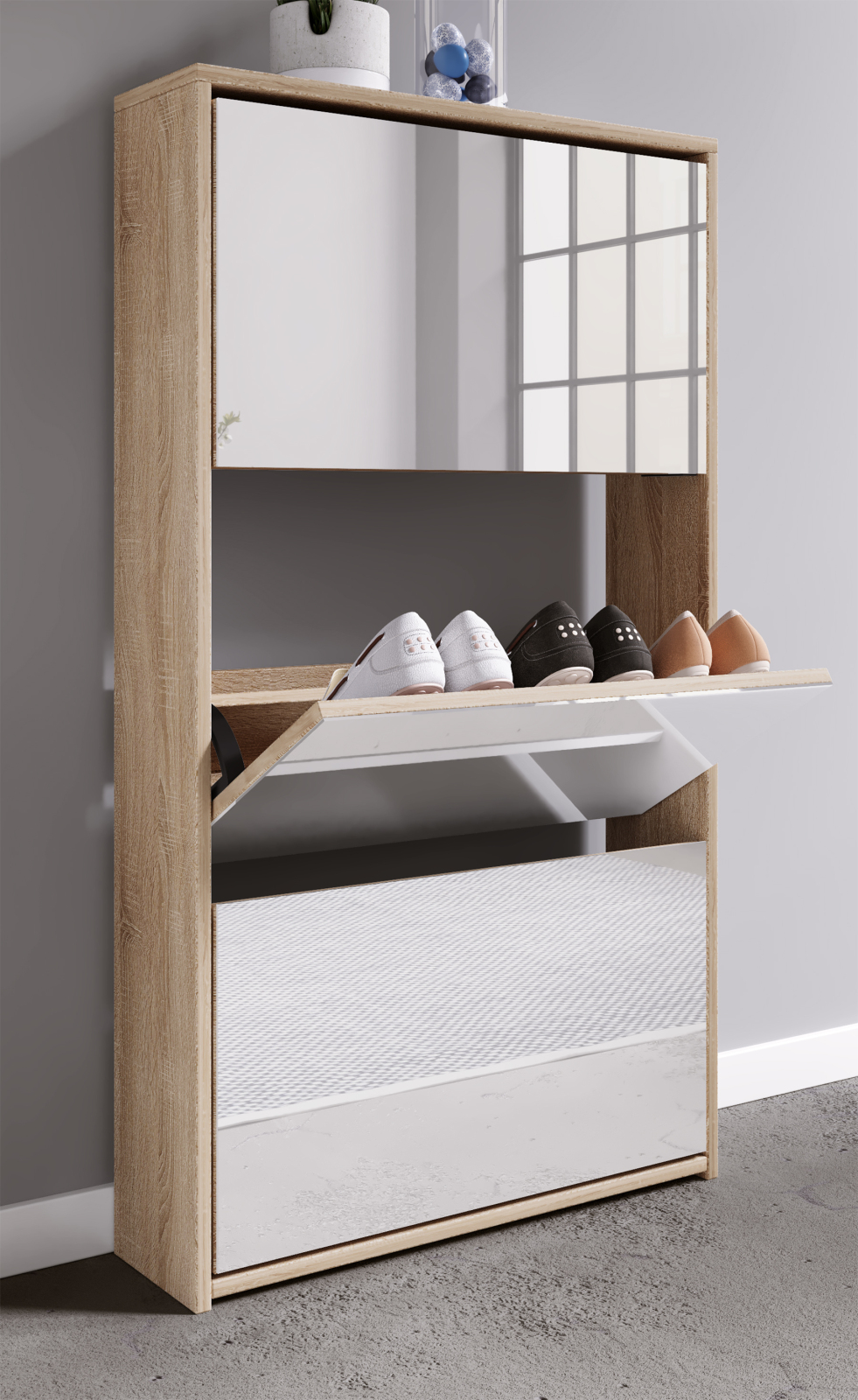 Schuhschrank STIDO XL - Honig Eiche - Frontspiegel - 63 cm
