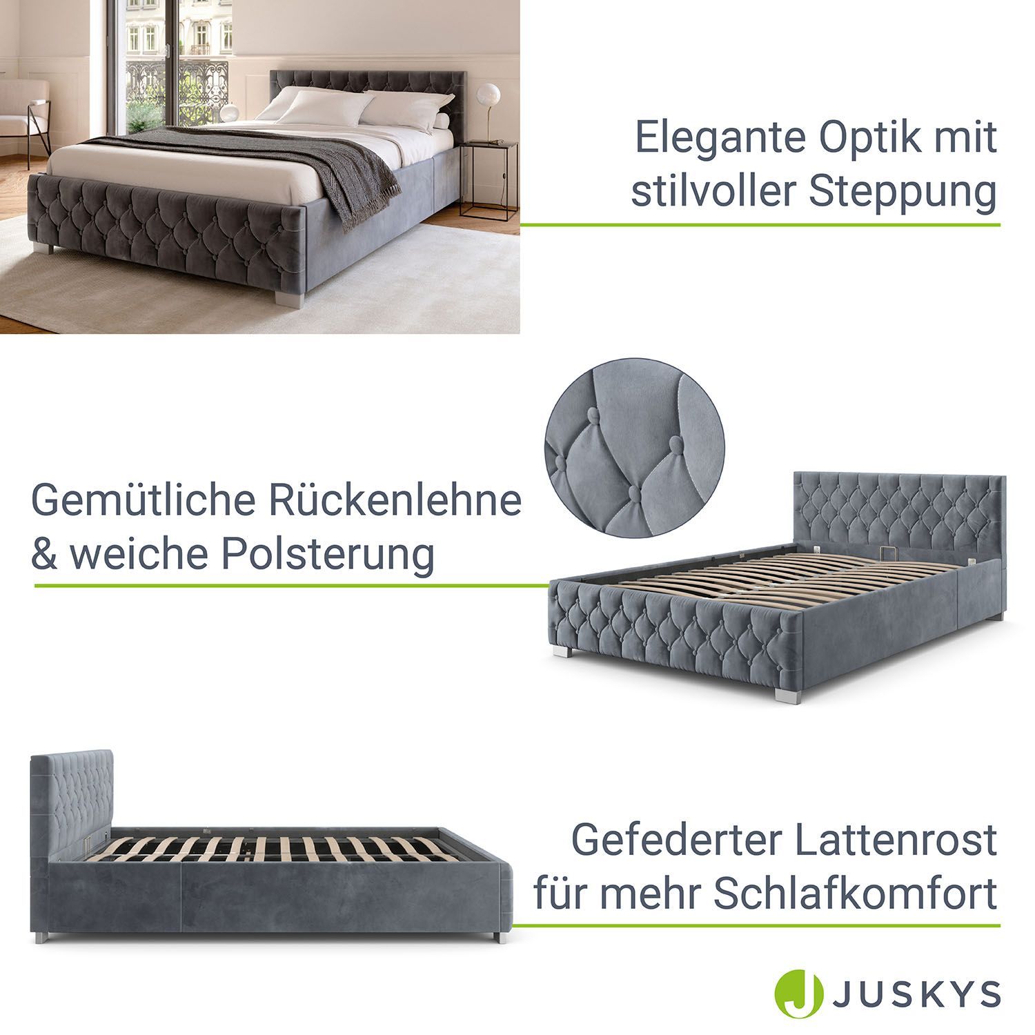Juskys Polsterbett Nizza 140x200 cm - Lattenrost, Stauraum & LEDs - Samtbezug mit Steppung - Grau