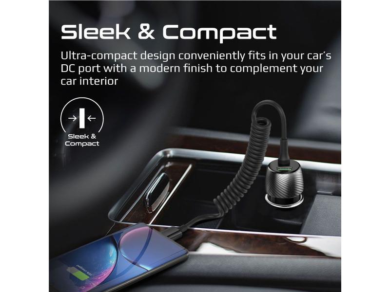 Promate Autoladegerät PowerDrive-33PDC QC3.0, Car Charger Schnelllade-Adapter mit USB-C Spiralkabel