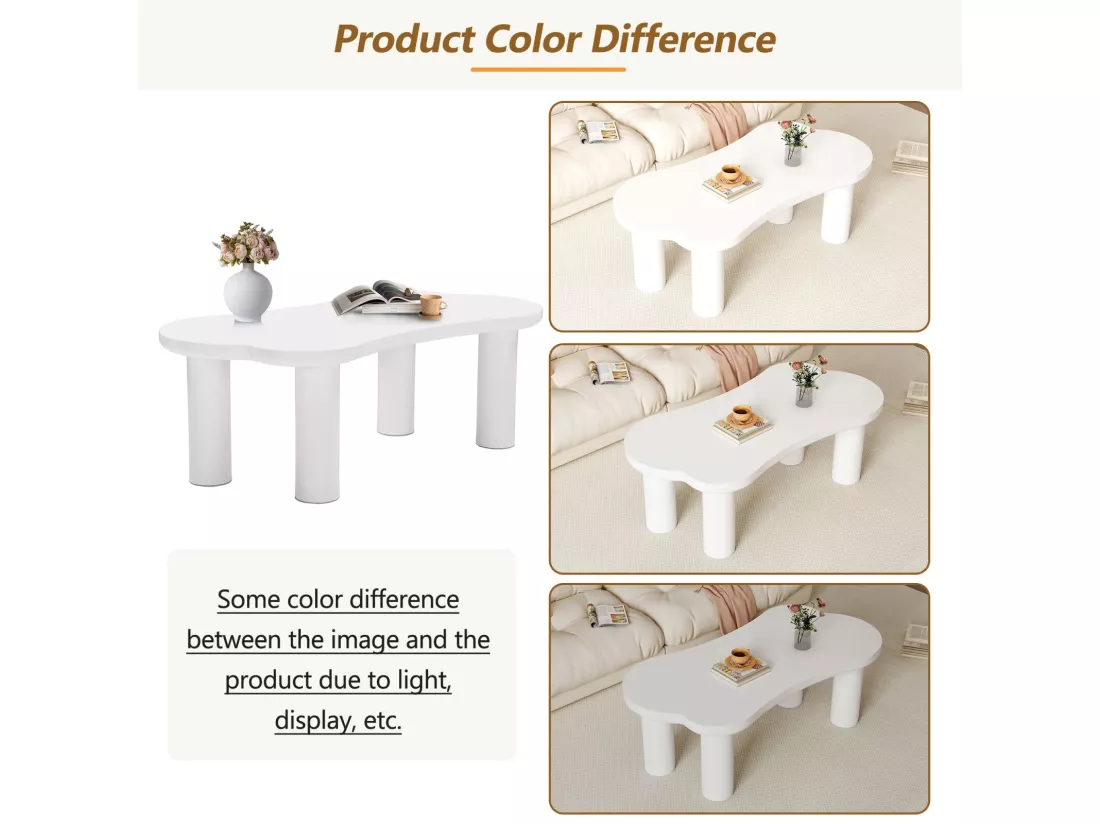 Table basse asymétrique avec 2 tabourets - en MDF + pieds en PVC - 113x58x40.5cm - Blanc