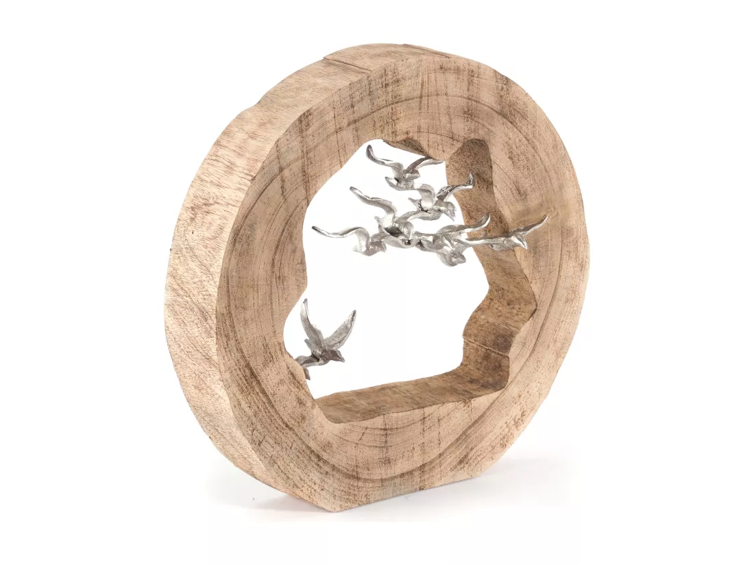 SCULPTURE OISEAUX Bois de mangue, aluminium nature-argent