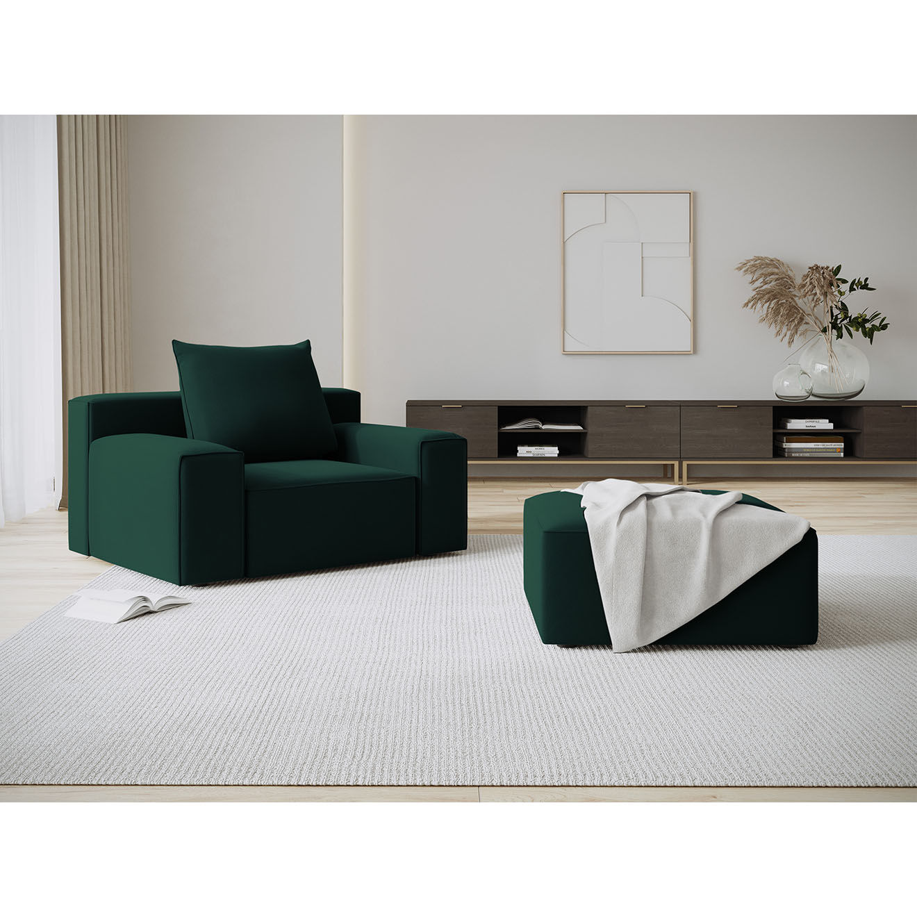 Mazzini Sofas Pouf Velours Ivy vert foncé - 106x80x35 cm