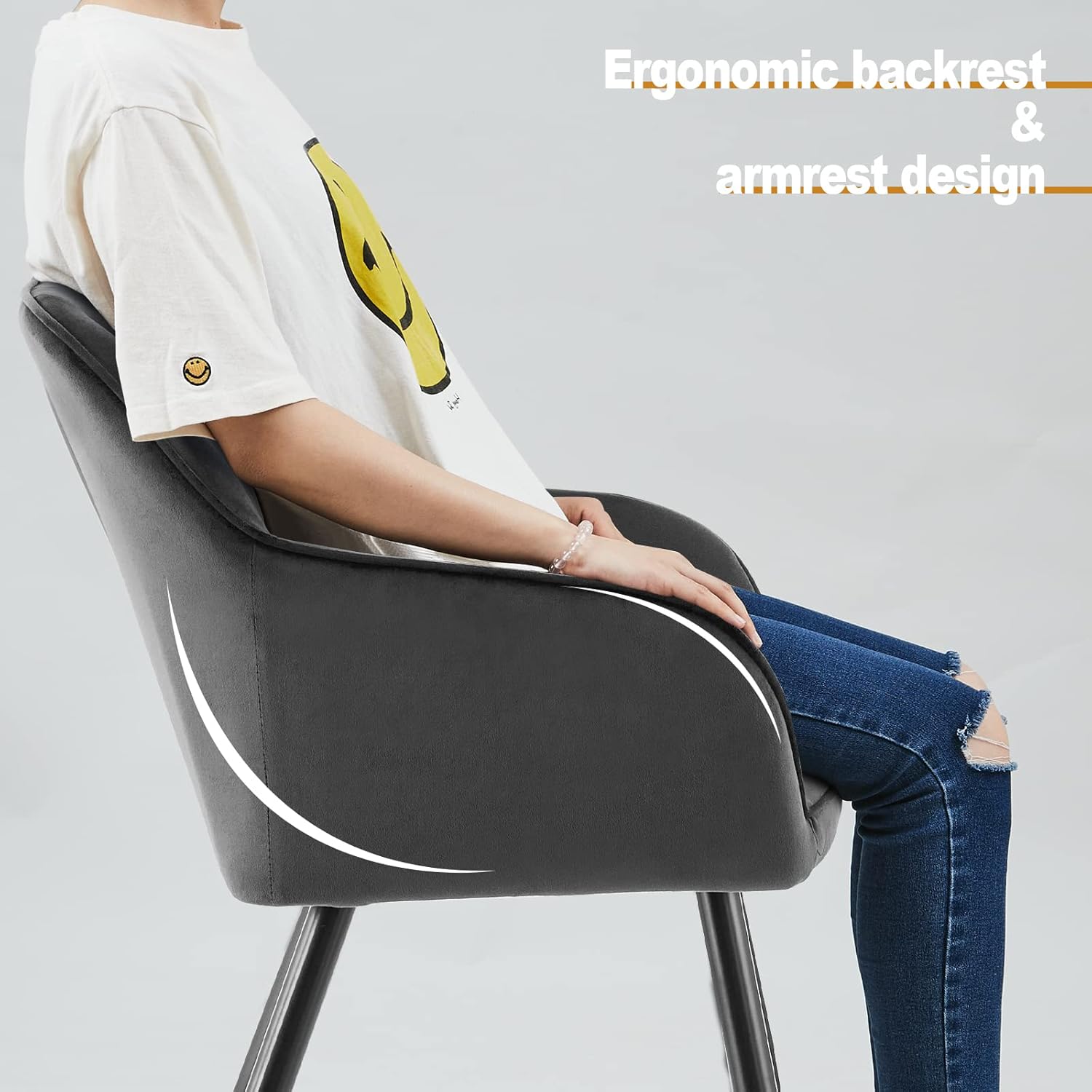 TUKAILAI Esszimmerstühle 2er Set, Samt Stühle Esszimmer mit Armlehne, Armlehnstuhl, Küchenstuhl, Polsterstuhl aus Polyester mit Metallbeine und Rückenlehne für Esszimmer Wohnzimmer Küche,Grau
