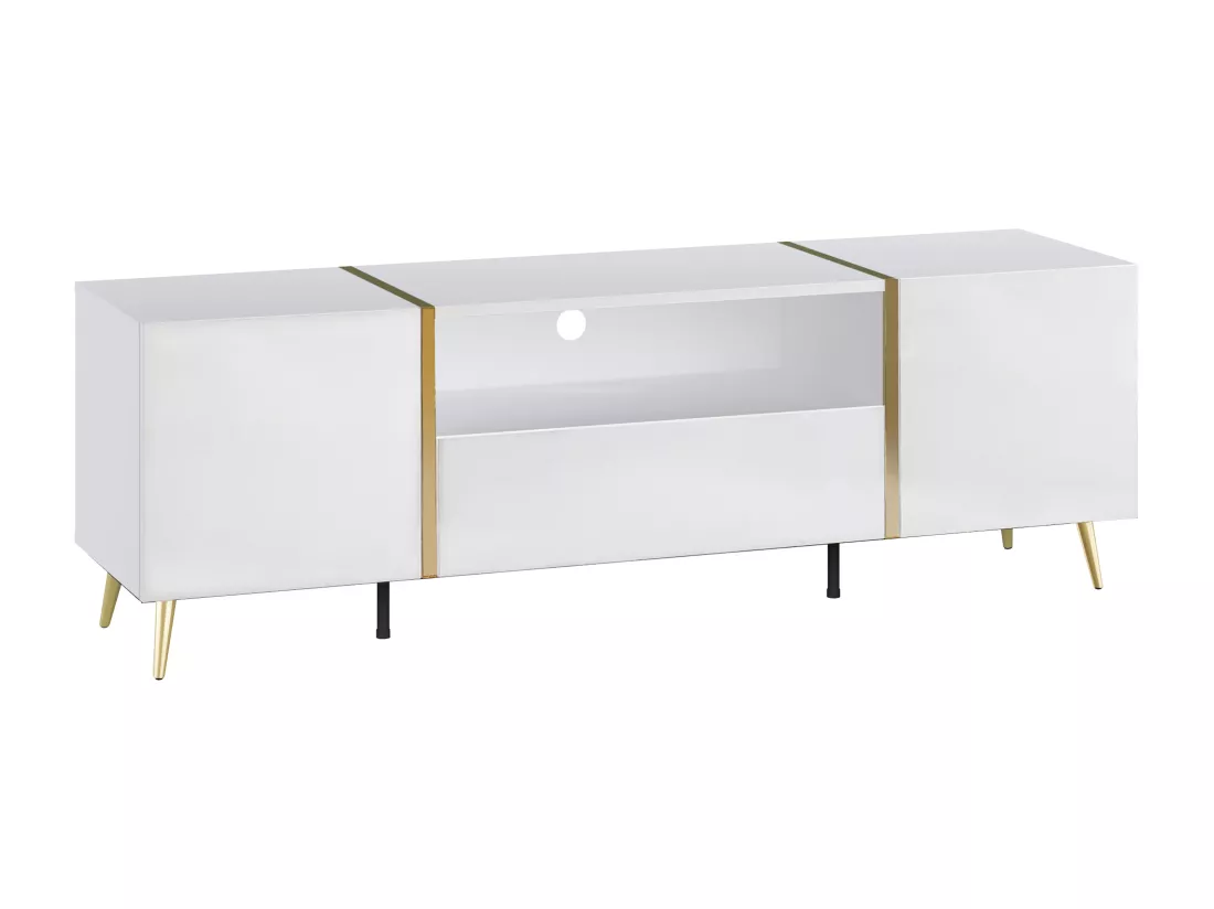 Meuble TV avec 2 portes, 1 tiroir et 1 niche - Blanc brillant et Doré - MARZIALO