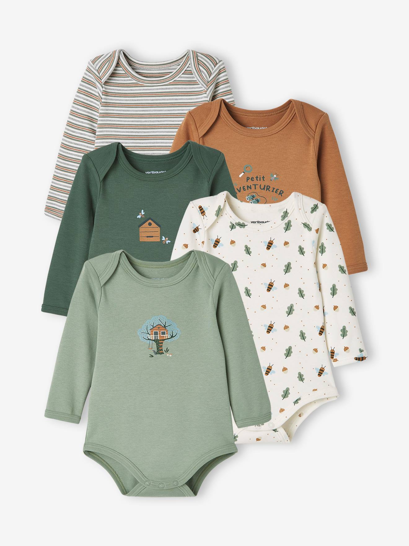 Conjunto de 5 bodies de manga comprida para bebês com cavas americanas, verde escuro bicolor/multicolorido