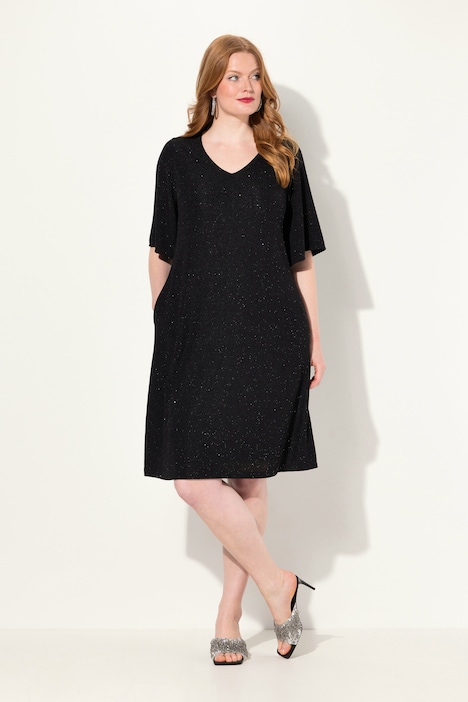 Midikleid, A-Linie, Glitter, V-Ausschnitt, 3/4-Arm