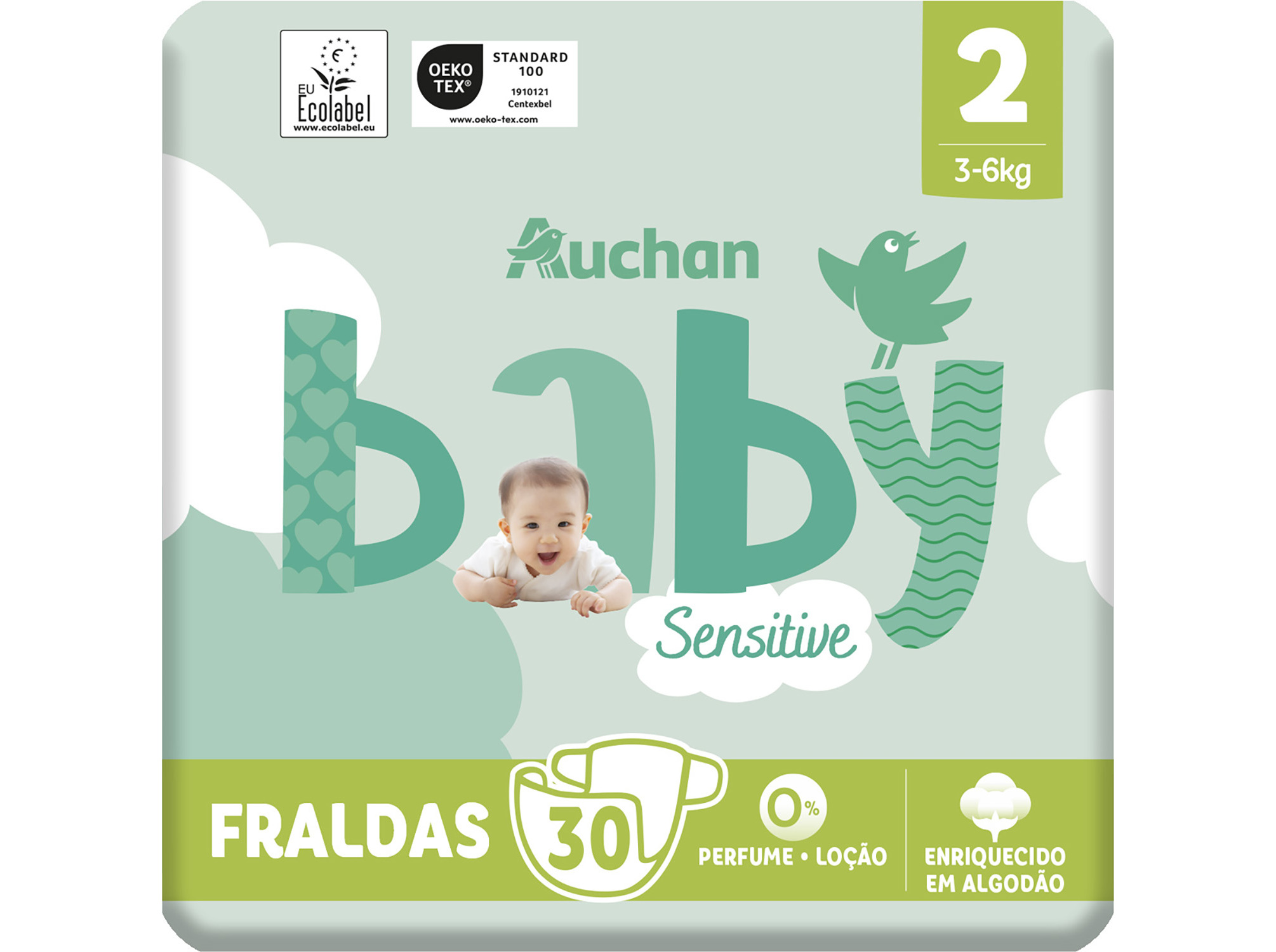 FRALDAS AUCHAN BABY SENSITIVE ECOLÓGICAS TAMANHO 2 3-6KG 30UN