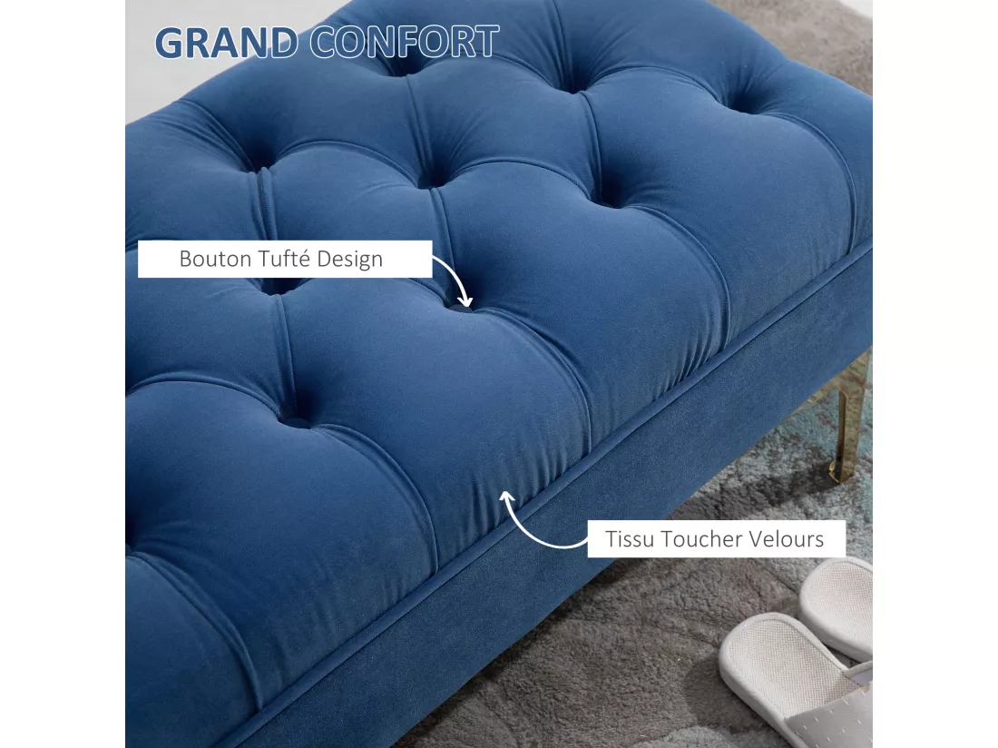 Banc banquette capitonnée style classique chic dim. 118L x 45l x 42H cm piètement métal doré velours bleu roi