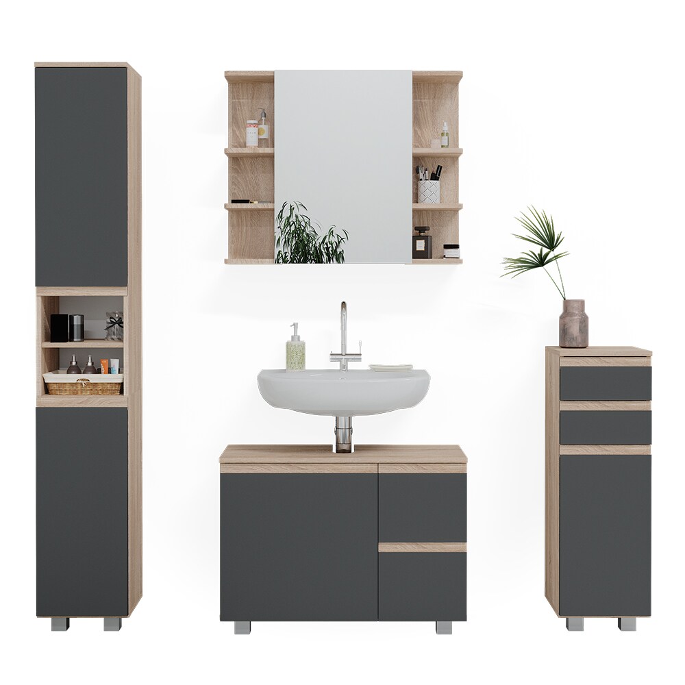 Vicco Badmöbelset J-shape Sonoma Anthrazit modern Badezimmer Schrank Badschrank Waschtischunterschrank Spiegelschrank Midischrank Hochschrank Schranktür Schrankschublade Schrankfach Ablage Aufbewahrung