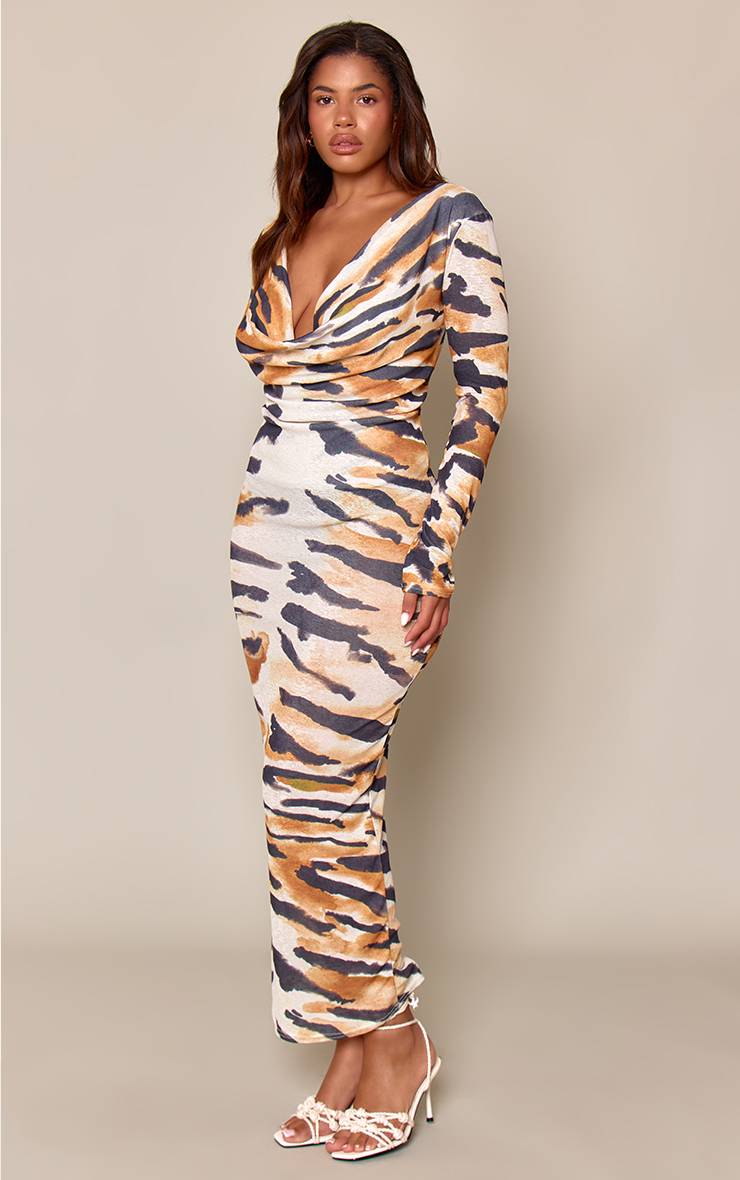 Crème Robe Midaxi Moulante À Manches Longues Avec Décolleté Cowl Plongeant Motif Floral Pelure D'oignon
