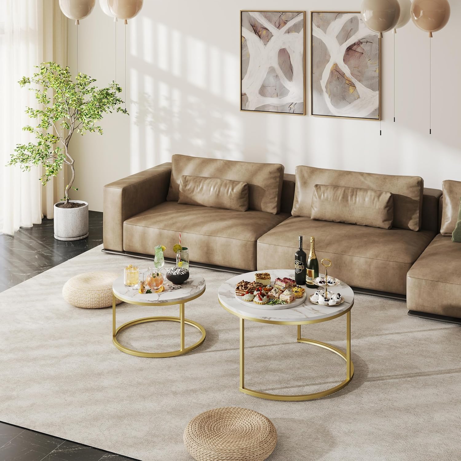 Couchtisch 2er Set, Marmor Couchtisch Gold, Wohnzimmertisch Weiß, Couchtische Rund, Tisch Wohnzimmer Modern,80 x 80 cm & 60 x 60 cm
