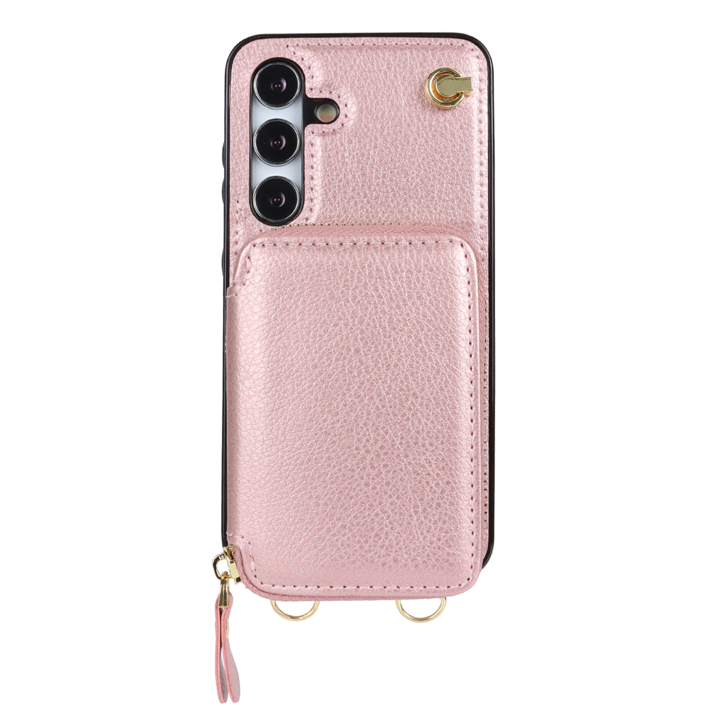Samsung Galaxy S24 Necklace Leder Schutz Hülle mit Kartenfächer   Handykette (140cm) - Roségold