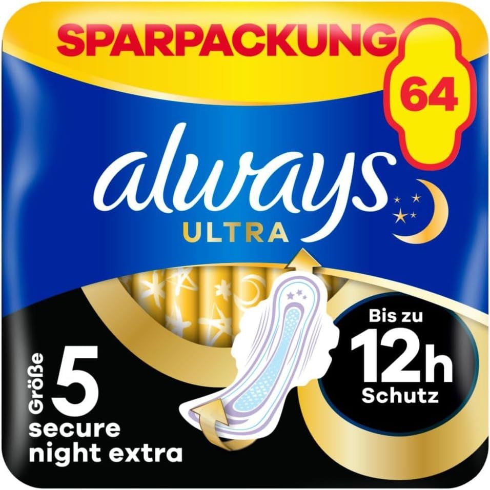 always Ultra Binde Secure Night Extra mit Flügeln Monatspaket, 64 Binden (4 Packungen x 16 Stück)