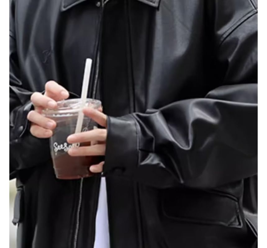 Acrius - Kraagloze imitatieleren jas met rits