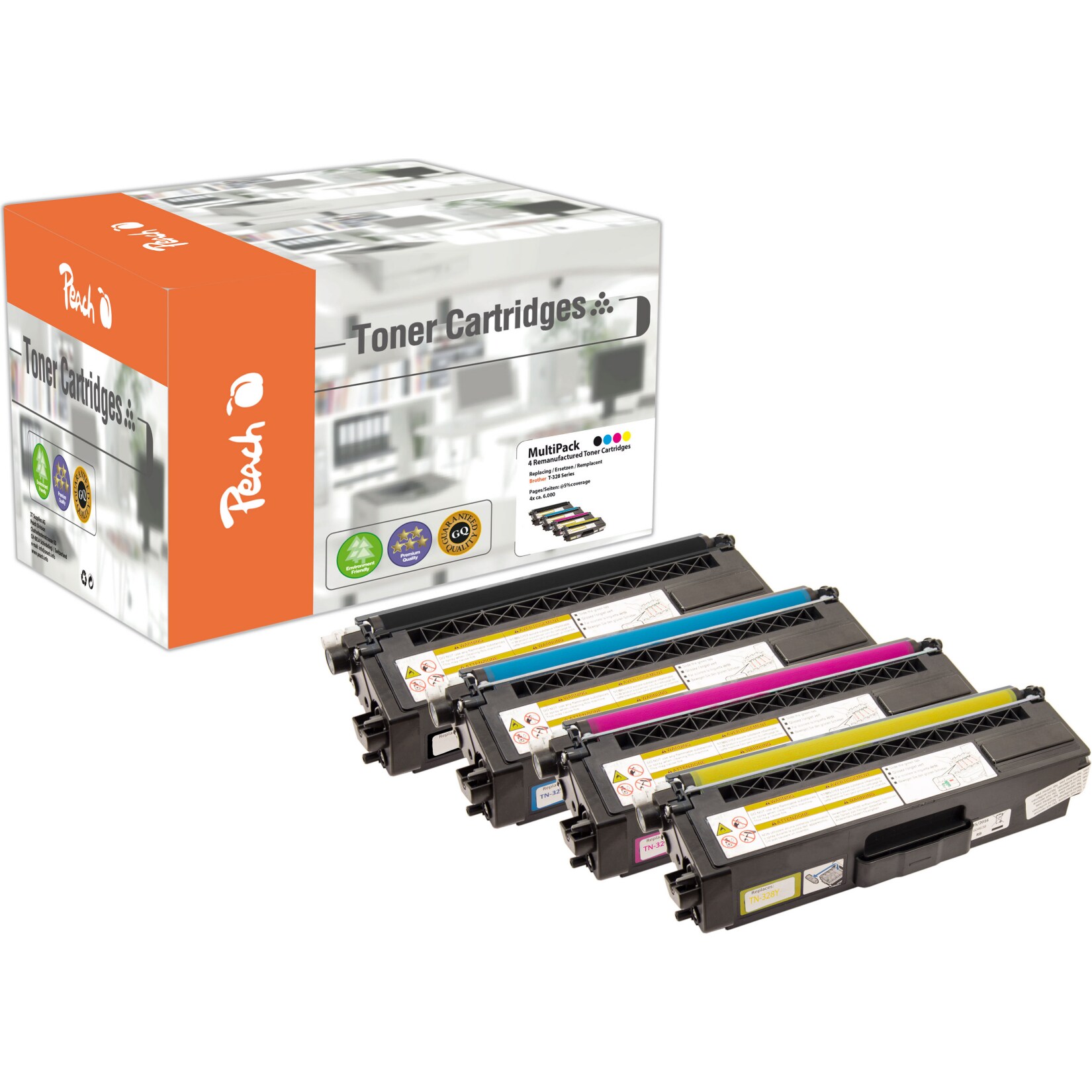 Peach B3284 Toner XL (bk, c/m/y) ersetzt Brother TN-328 für z.B. Brother DCP -9270 CDN, Brother HL -4500, Brother HL -4570 CDW (wiederaufbereitet)