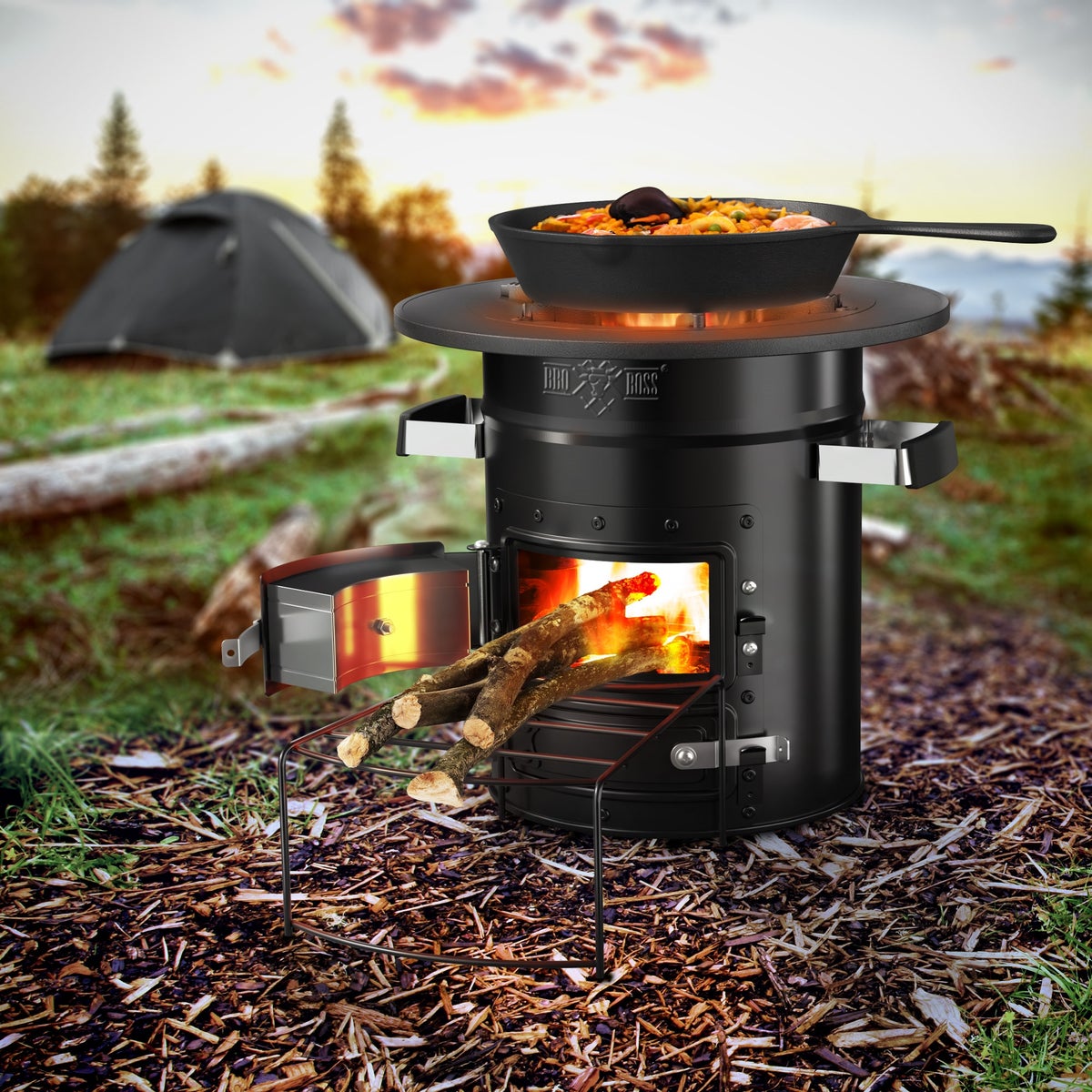 BBQ#BOSS Rocket Stove met grillpan en draagtas, zwart, kampeerkachel met brandhoutstandaard, dubbele deur, kampeerbarbecue houtkachel om te koken, buitenkeuken, Rocket Stove voor Dutch Oven en kampeergrill