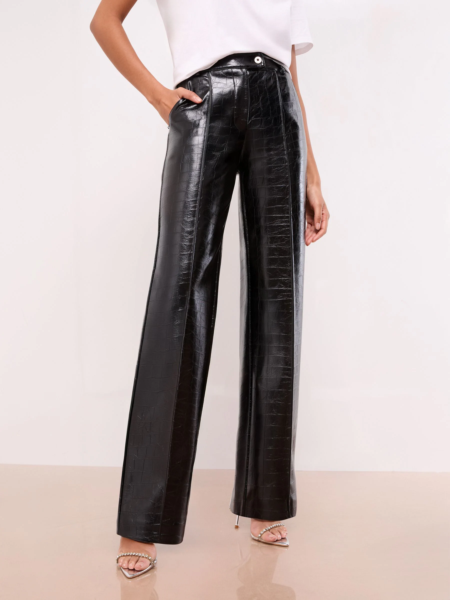 Black Croc Faux Leather - Lipsy Pintuck Tailored Wide Leg Trousers